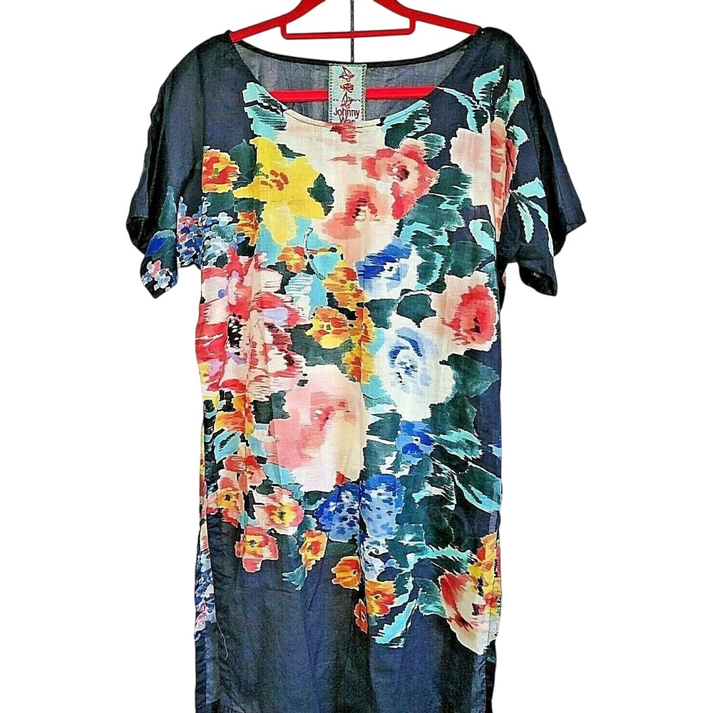 Johnny Was S Short Sleeved Watercolor Floral 100% Cotton Top Tunic NWOT